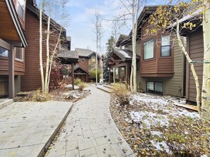A narrow stone pathway meanders through a courtyard of brown wooden townhouses with some snow scattered on the ground. Leafless trees line the sides, indicating early winter.