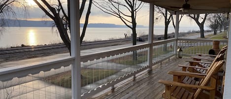 Porch chairs with lake views