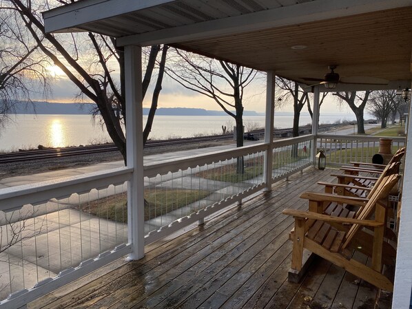 Porch chairs with lake views