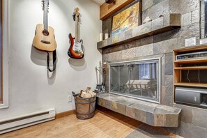 Warm your toes by the wood-burning fireplace