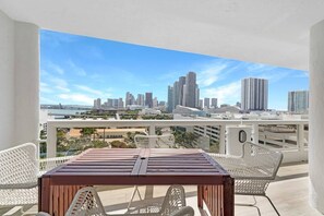 Furnished balcony, views of downtown Miami skyline and water views 