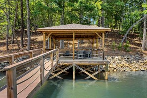 A private boat dock extending into the clear waters of Lake James, providing direct access for boating, swimming, and relaxation.