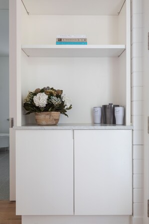 CUSTOM BUILT IN COFFEE STATION AND UNDER MOUNT REFRIDGERATOR
