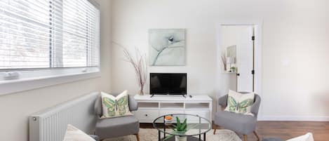 Clean, simple, and modern living room space to enjoy the Roku tv and relax