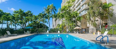 Salt water heated pool downstairs in the condo complex