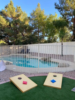 Family fun including games and cornhole outside