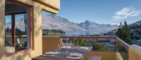 Outside area with panoramic views over Queenstown and the lake