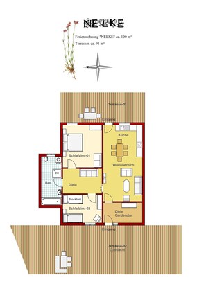 Ferienwohnung Nelke, 90qm, zwei Schlafzimmer-Grundriss