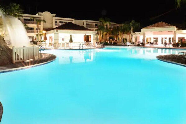 Water features by day or night.