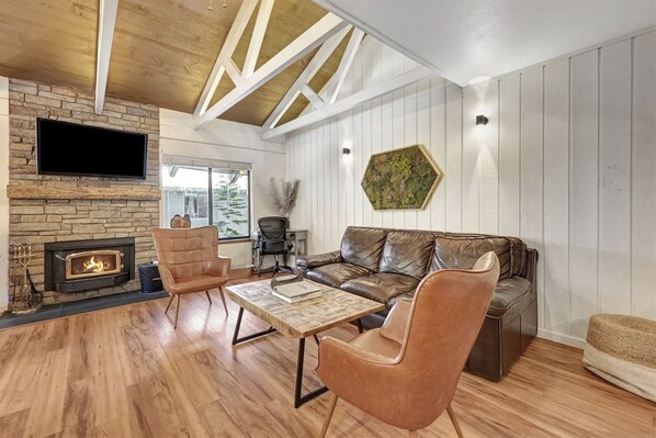 Living room with wood fireplace