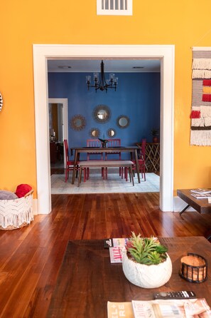 View from the entry through the living room to the dining room