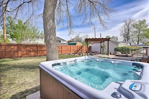 6-Person Private Hot Tub | Private Fenced Yard | Outdoor Dining Area | Fire Pit