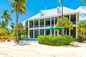 Rear view of home with stunning beach backyard.