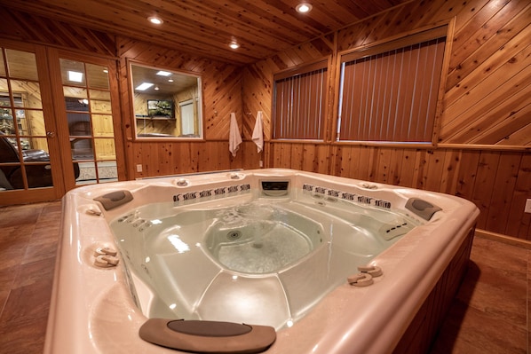 Indoor hot tub movie night 
