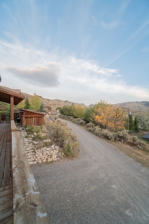 We live on a quiet, gravel street with open views of the mountains. 