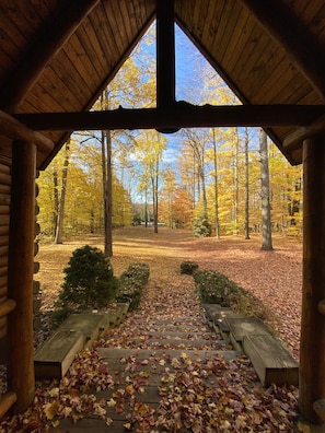 Front porch “Fall Foliage”, view from sitting on swinging bench