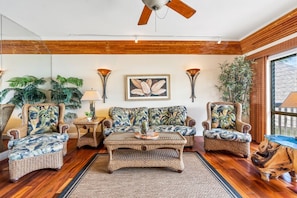 Living area featuring bamboo accents and tigerwood flooring.