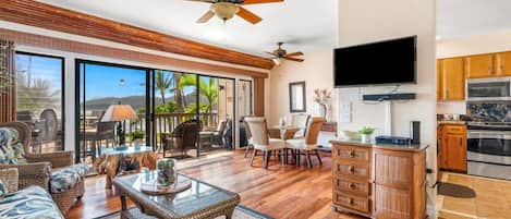 Cozy living room with island vibes.