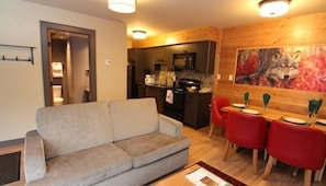 This newly-renovated condo features stylish mountain decor and beautiful hardwood floors.