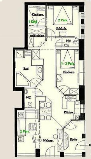 Ferienwohnung Cecilienhof, 95 qm, 3 Schlafzimmer, max. 7 Personen-Grundriss