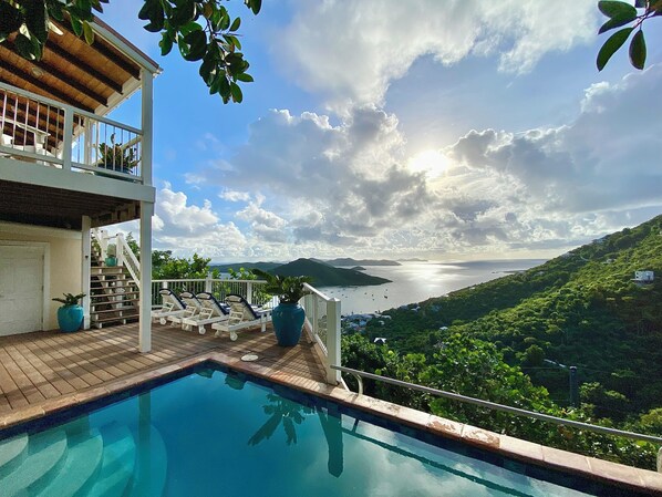 Views of Coral Bay and the British Virgin Islands from the salt water pool