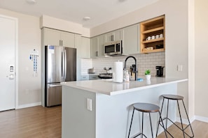 Modern stainless steel appliances in the kitchen
