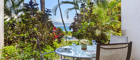 Beautiful garden views with the ocean in the background just steps away