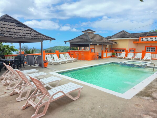 Pool deck, with gazebo and bar