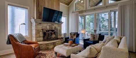 Living area with wood-burning fireplace