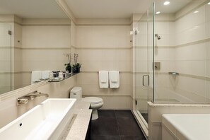 Bathroom with shower and tub. Basic toiletries and towels are provided