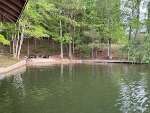 Private swim area with sandy beach and fire pit