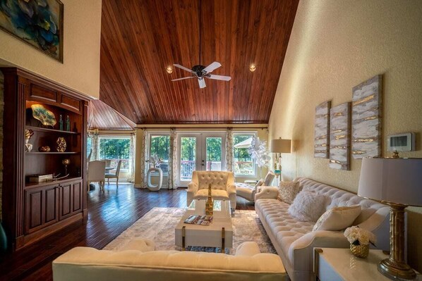 Looking across living room to the main level deck.