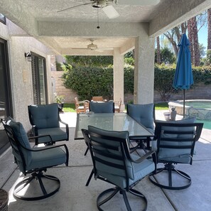 Patio seating by the pool