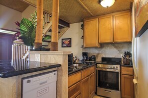 Kitchen with dishwasher, small electric stove, refrigerator, microwave, etc. 