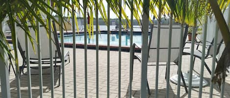 Heated community pool in a tropical setting