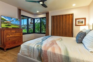 …also garden view--Overhead dimmable LED lights, switches on both sides of bed.
