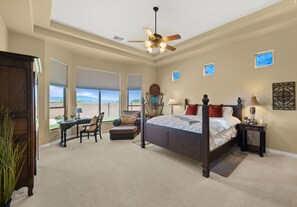 Primary bedroom is spacious, comfortable and a beautiful spot to work.