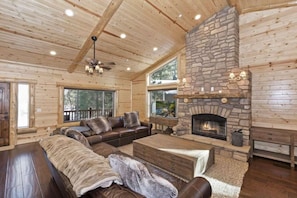 Gather around the large stone fireplace.