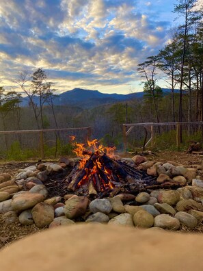 Fire side in the back yard! Sun setting in March.