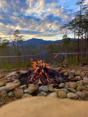 Fire side in the back yard! Sun setting in March.