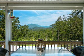 Outdoor dining. Hummingbird feeder and view