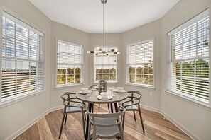 Dining area surrounded by large windows