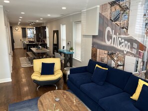 View of entire living, dining, kitchen space