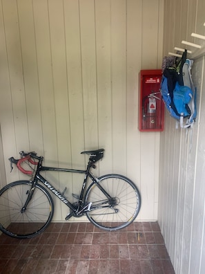 Locked entry mudroom to bundle up and ample ski/board/bike storage