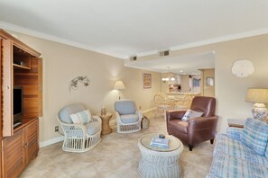 Living area - Fun coastal vibe in this nice sized townhouse.