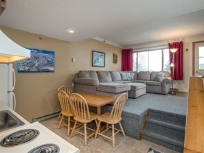 View of kitchen, dining, and living area