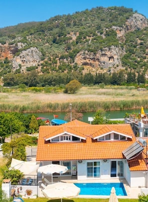 Aerial view of Villa Zonkdemir showing view of Dalyan river and the ancient Lycian rock tombs