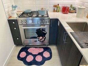 Ready-to-cook stove with cute oven mitts and bath rug.