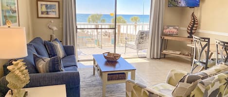 Spacious living room with beautiful beach view