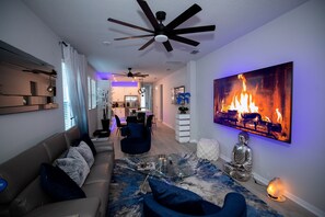 Living Room, Indoors, Room, Ceiling Fan, Fireplace